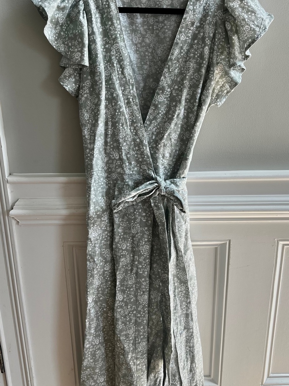 Madewell Medium Linen Blend Floral Wrap Maxi Dress Sage Green Ruffle Sleeve
